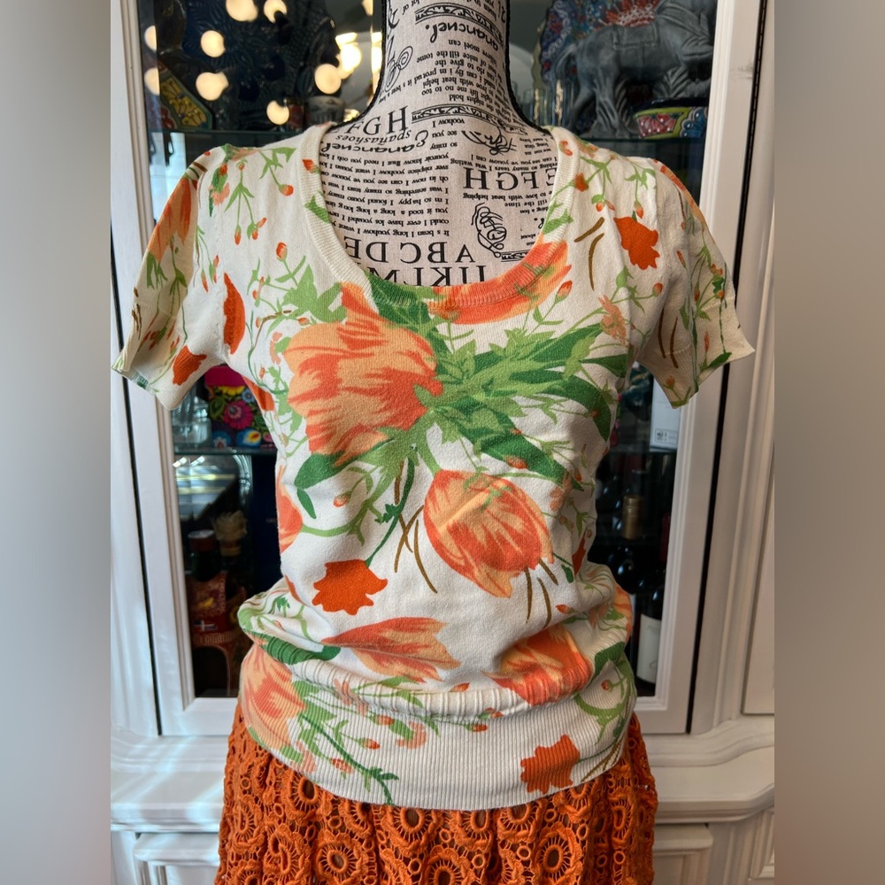 H&M Tulip Print Short Sleeve Knit Top Spring Orange-Green XS